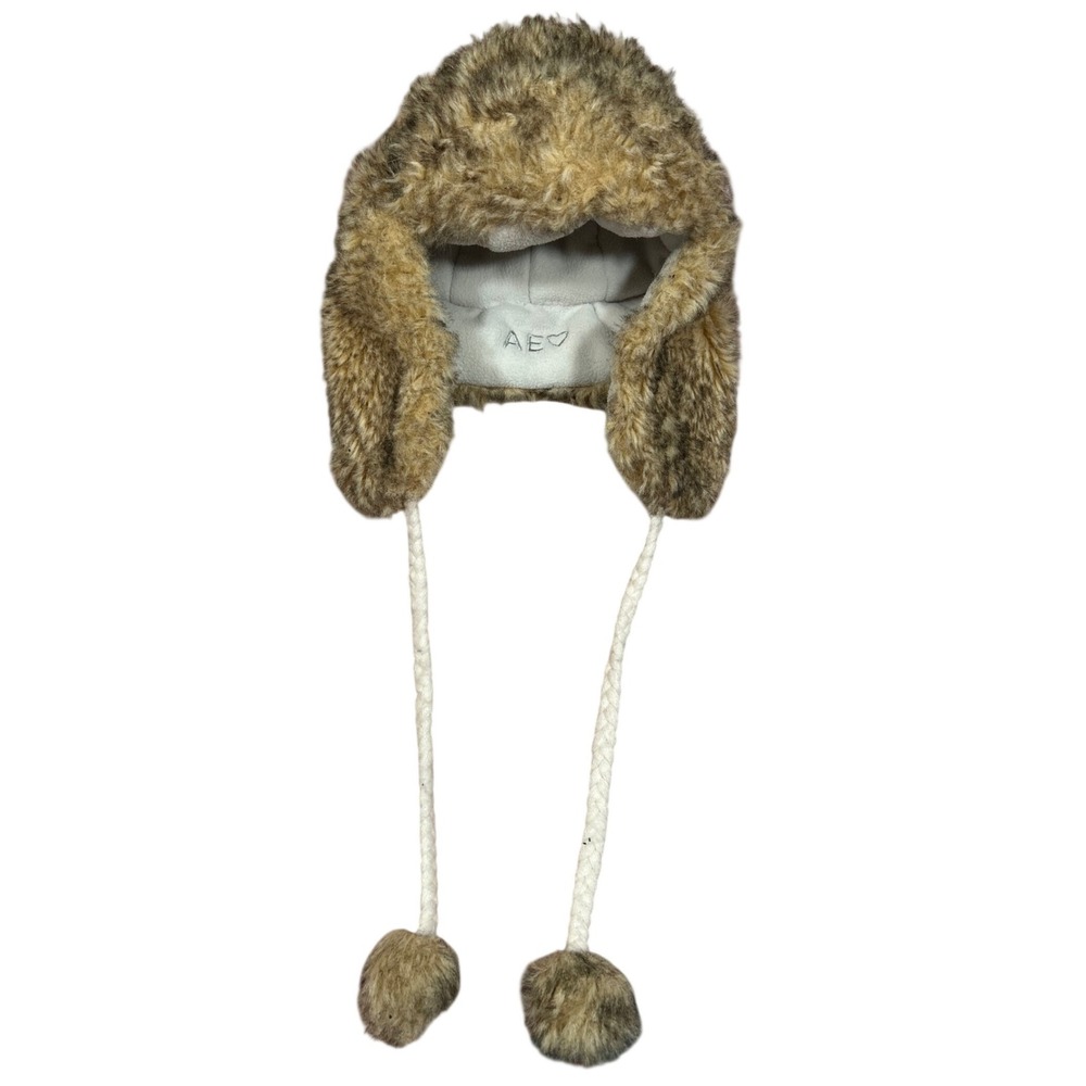 Y2K VTG American Eagle Outfitters Faux Fur Trapper Hat Brown‎ Fleece Pom Poms